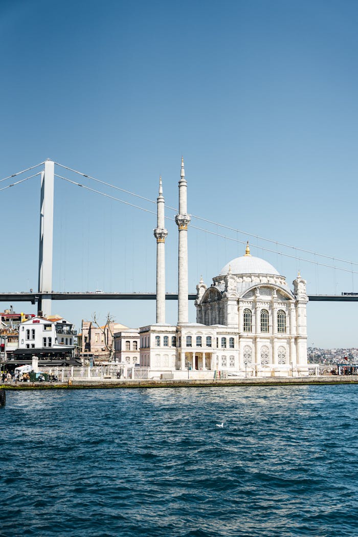 Scenic view of the Ortaköy Mosque with the Bosphorus Bridge in Istanbul, Turkey, against a clear blue sky.