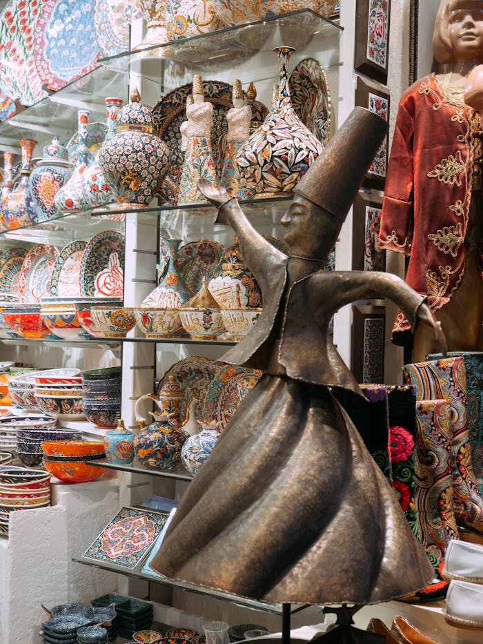 Vibrant ceramic collection and whirling dervish figurine in Istanbul shop.